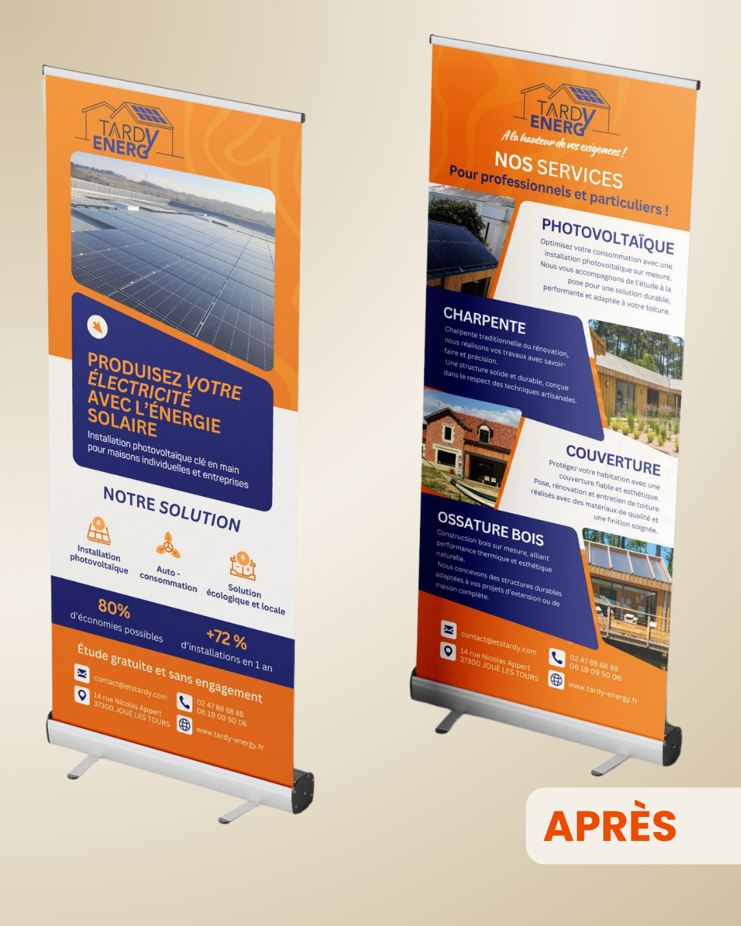 Roll-up Après aux couleurs orange et bleu de Tardy Energy, maquette de PLV par Aptitude Pro.