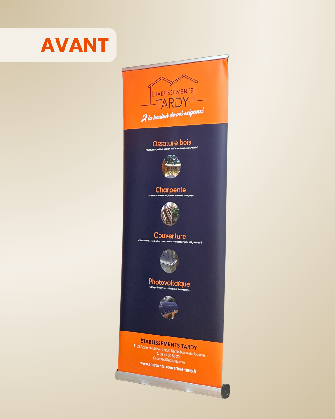 Roll-up Avant aux couleurs orange et bleu de Tardy Energy, maquette de PLV par Aptitude Pro.