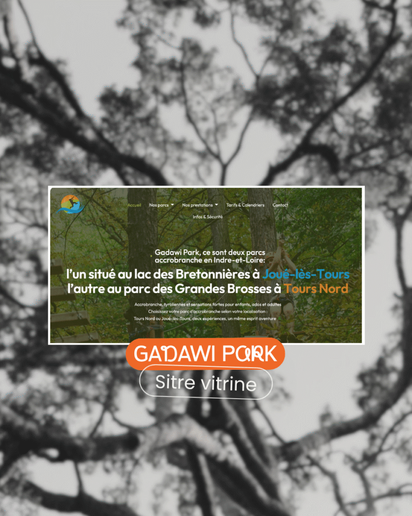 Capture d'écran du site vitrine Gadawi Park, parc d'aventure au bord d'un lac, réalisé par Aptitude Pro.